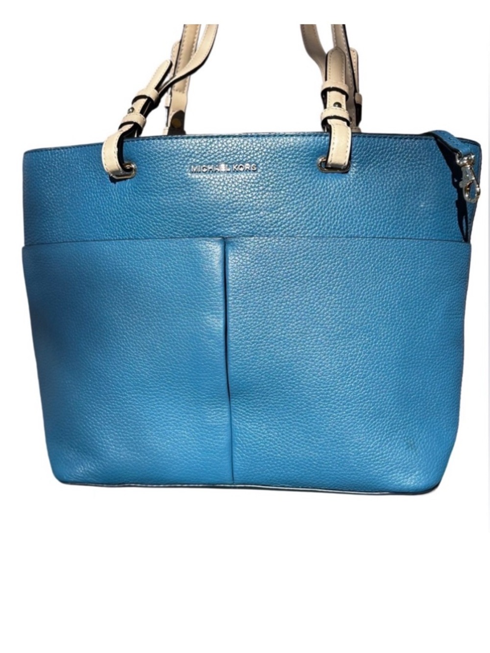 MICHAEL KORS BEDFORD LARGE PEBBLED BLUE CREAM Leather Tote with Silver Hardware